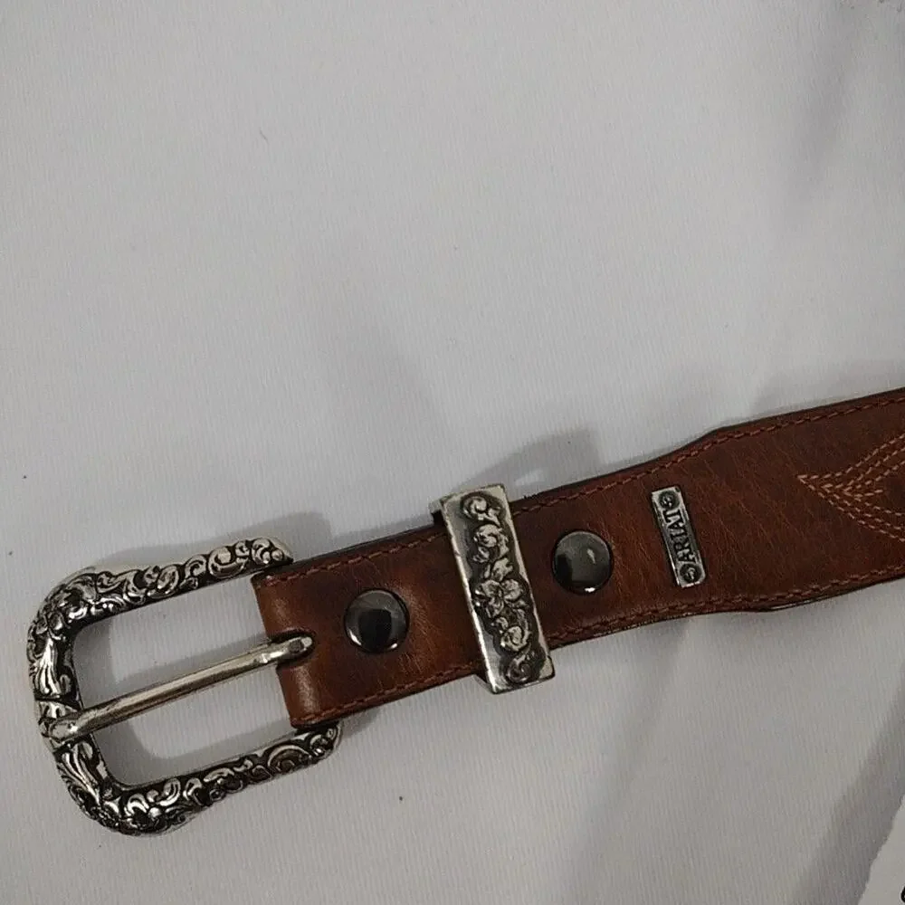 Ariat Belt Mens Medium Brown Leather Western Tooled Scroll Buckle Studded